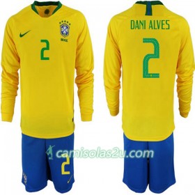 Camisolas de Futebol Brasil Dani Alves 2 Criança Equipamento Principal Copa do Mundo 2018 Manga Comprida